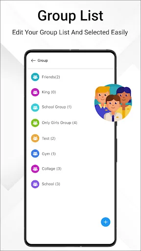 Contact groups management showing groups with member counts: Friends, Kin, School, Office Girls, Gym, Collage