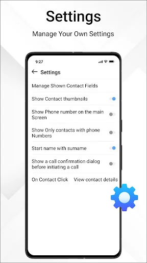 Settings page with toggles for contact fields, phone display, call confirmations, name format, contact thumbnails