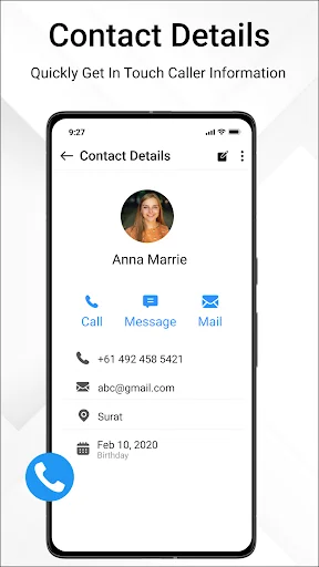 Contact details showing profile photo, name, phone number, email, location, birthday with call, message, mail buttons