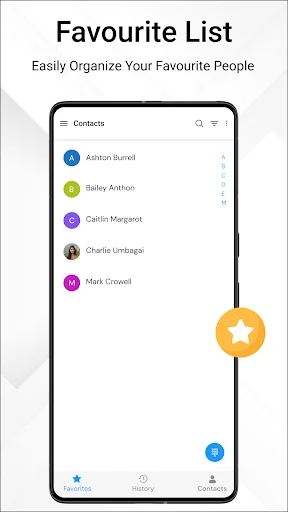 Favorites list displaying saved favorite contacts with gold star icon and option to mark contacts as favorites
