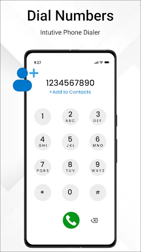 Phone dialer with numeric keypad, call button, dial field, and add to contacts option for quick saving
