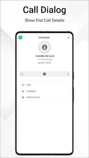 Call dialog showing contact photo, name, call date, duration time with options to call or add to contacts