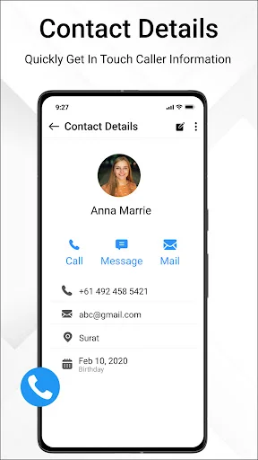 Contact details showing profile photo, name, phone number, email, location, birthday with call, message, mail buttons