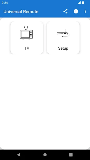 Universal Remote app home screen showing TV and Setup box remote control options