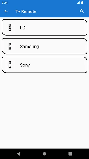 TV Remote brand selection menu with LG, Samsung, and Sony options for universal remote control