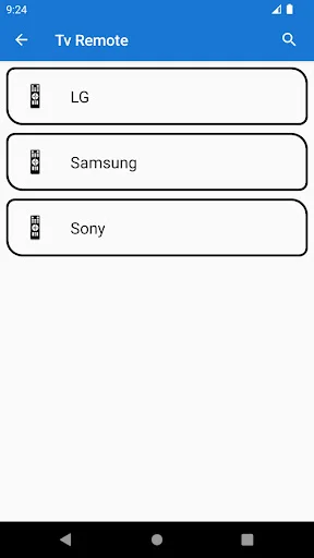 TV Remote selection screen listing LG, Samsung, Sony brands for remote control setup