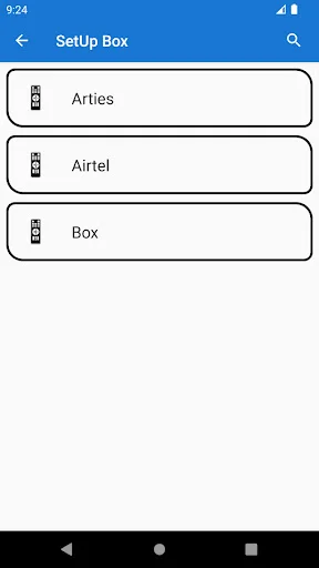 SetUp Box remote brands menu showing Arties, Airtel, and Box device options