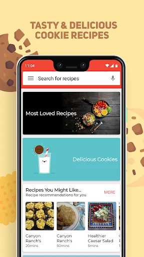 Cookies and Brownies Recipes app home screen showing search bar, Most Loved Recipes, and recipe recommendations
