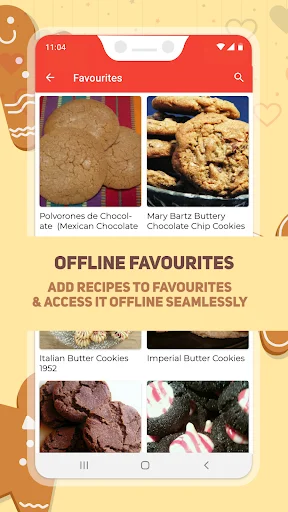 Favorites screen showing saved cookie recipes with offline access for chocolate and buttery chip cookies