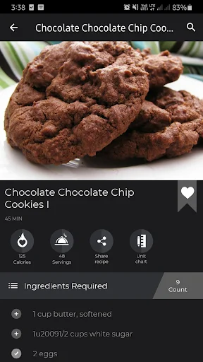 Chocolate Chip Cookies recipe showing ingredients list including butter, sugar, eggs with cooking time and servings