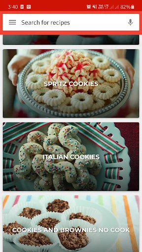 Recipe categories browse screen displaying Spritz Cookies, Italian Cookies, and no-bake cookies and brownies
