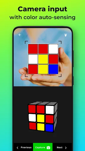 Camera input with color auto-sensing scanning Rubik's cube in hand for puzzle solving
