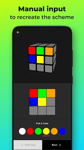 Manual input screen to recreate cube color scheme with 3D view and color picker palette