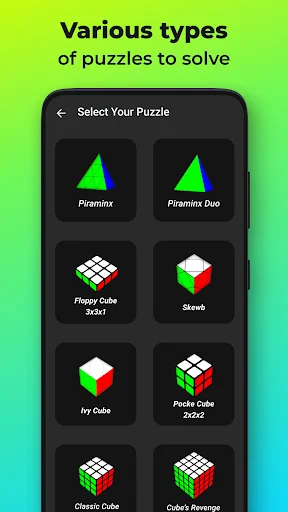 Puzzle selection menu displaying various cube types: Piraminx, Skewb, Ivy Cube, Pocket Cube