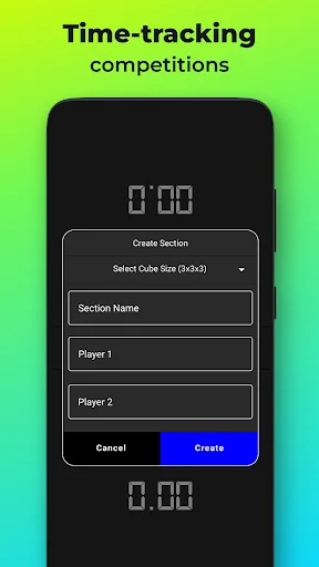 Time-tracking competition setup screen for speedcubing with player and cube size fields