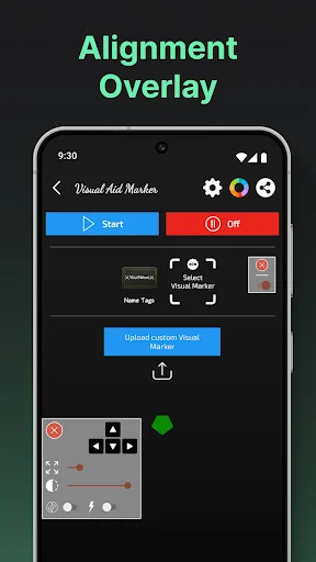 Visual Aid Alignment Overlay main screen displaying Start button, Off control, visual marker settings, and green diamond