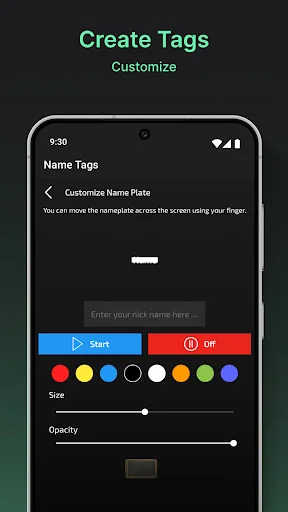 Create Tags customization screen with name plate settings, color palette selector, size slider, and opacity adjustment