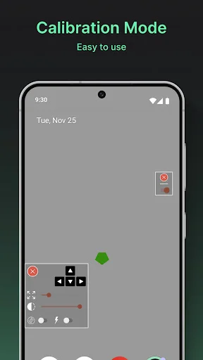 Calibration Mode screen for screen alignment showing date and time display with visual marker control buttons