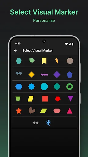 Select Visual Marker personalization screen showing customizable marker shapes library with various colors and designs