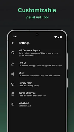 Settings menu with customizable options including customer support, app rating, sharing, privacy policy, and version info