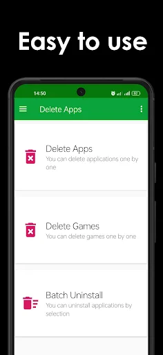 Delete Apps menu screen showing three options: Delete Apps, Delete Games, and Batch Uninstall with descriptions