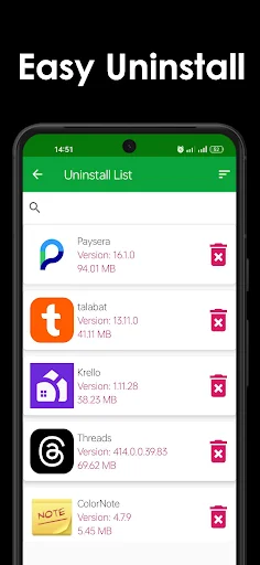 Uninstall List screen displaying installed apps with versions, sizes, and delete buttons for easy app removal