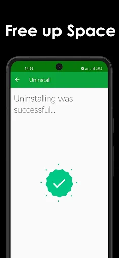 Successful uninstall screen displaying a green checkmark confirming apps were removed and device space freed