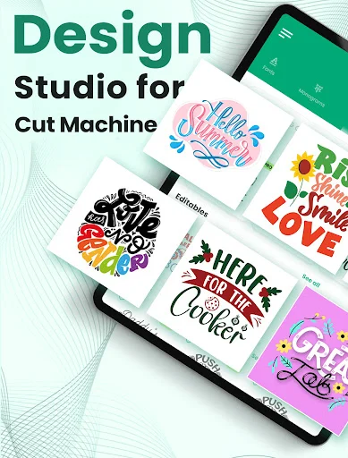 Design Studio app interface showing 1000+ SVG cut file designs and templates for cutting machines on devices