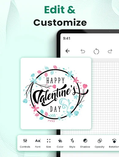 Design Studio editor with Valentine's design and customization tools for font, color, style and opacity
