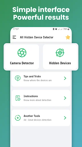 Main home screen of All Devices Detector app showing Camera Detector and Hidden Devices cards with Tips, Instructions, and Additional Tools menu options