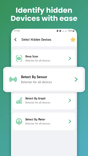 Hidden device detection methods screen displaying Deep Scan, Detect By Sensor, Detect By Graph, and Detect By Meter options for comprehensive device discovery