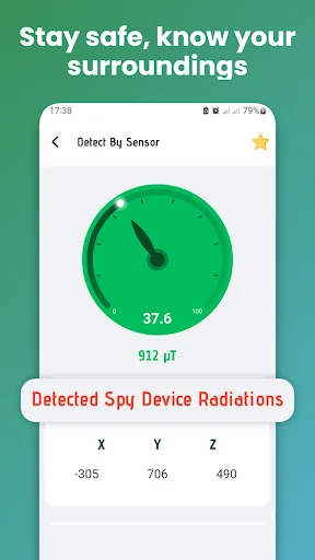 Sensor detection interface showing circular radiation gauge at 37.6, 912 pT reading with detected spy device radiations alert and X-Y-Z coordinate display