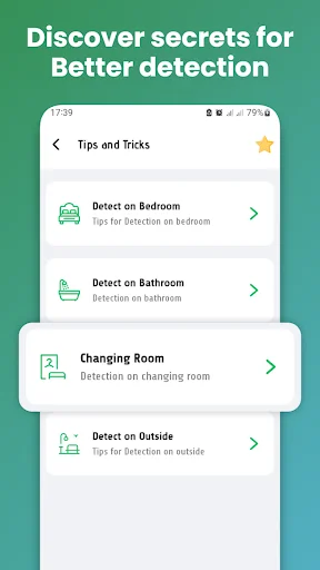 Location-specific detection tips screen with options for detecting hidden devices in bedrooms, bathrooms, changing rooms, and outdoor areas