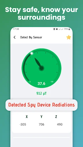 Detect By Sensor screen displaying radiation gauge reading 37.6 with 912 pT and XYZ coordinates