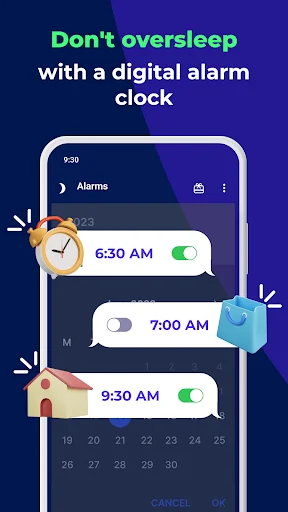 Digital alarm clock app showing multiple alarms at 6:30 AM, 7:00 AM, and 9:30 AM with calendar view