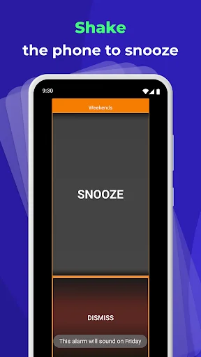 Alarm snooze screen with shake to snooze feature and dismiss button for weekend alarm