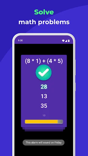 Math problem alarm dismissal feature showing equation with multiple choice answers and progress bar