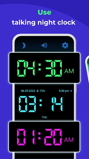 Digital night clock display with multiple color themes in green, cyan, and magenta LED style