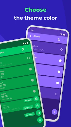 Alarm clock theme customization showing green and purple color options for app interface