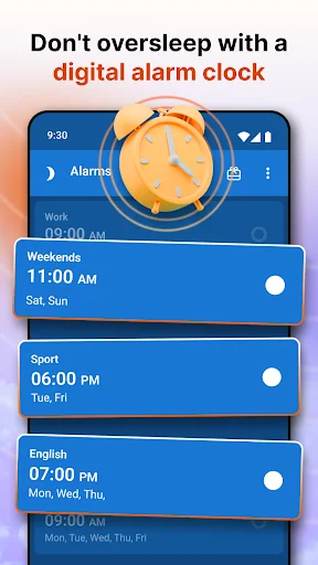 Digital alarm clock list showing multiple alarms for weekends, sport, and English with blue theme