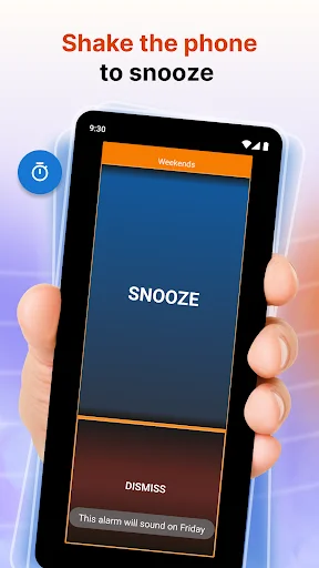 Shake to snooze alarm feature displayed on phone held in hand with weekend alarm active