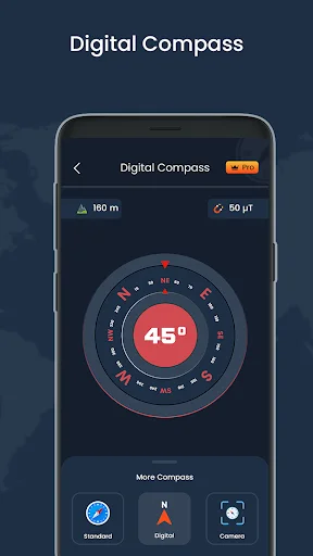 Digital compass app showing 45-degree bearing with altitude 180m and speed 50µT navigation display