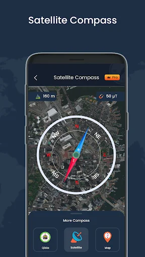 Satellite compass view with map overlay showing real-time navigation and direction with altitude and speed metrics