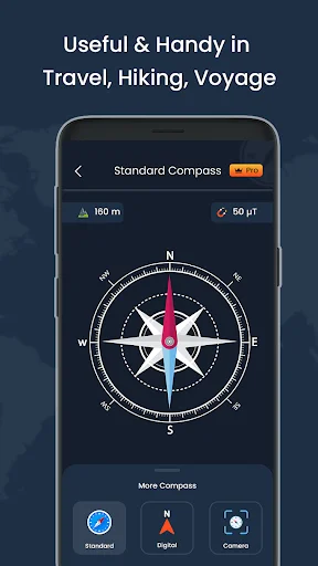 Standard compass interface for travel and hiking showing cardinal directions N, S, E, W for navigation