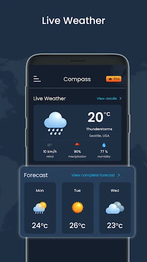 Live weather display showing 20°C with thunderstorms, wind speed, precipitation, humidity, and 3-day forecast