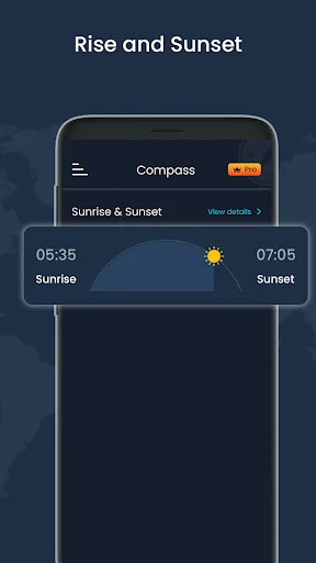 Sunrise and sunset times display showing 05:35 sunrise and 07:05 sunset in compass navigation app