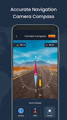 Camera compass AR view overlaying direction finder on road photo with altitude 180m and speed 50µT display