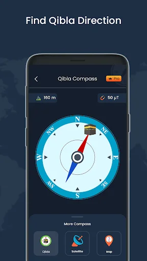 Qibla compass finder showing Kaaba direction for prayer with altitude and navigation options