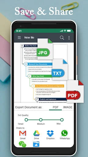 Export share menu with PDF JPG TXT format options and Gmail Drive Dropbox WhatsApp integration