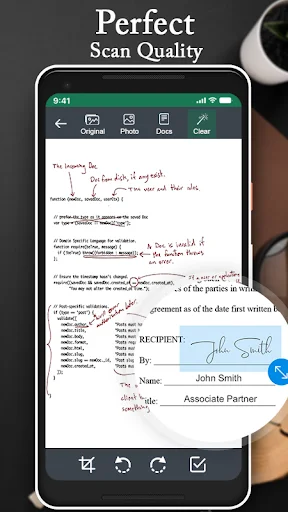 Scanned document with editing tools showing perfect scan quality and handwriting recognition